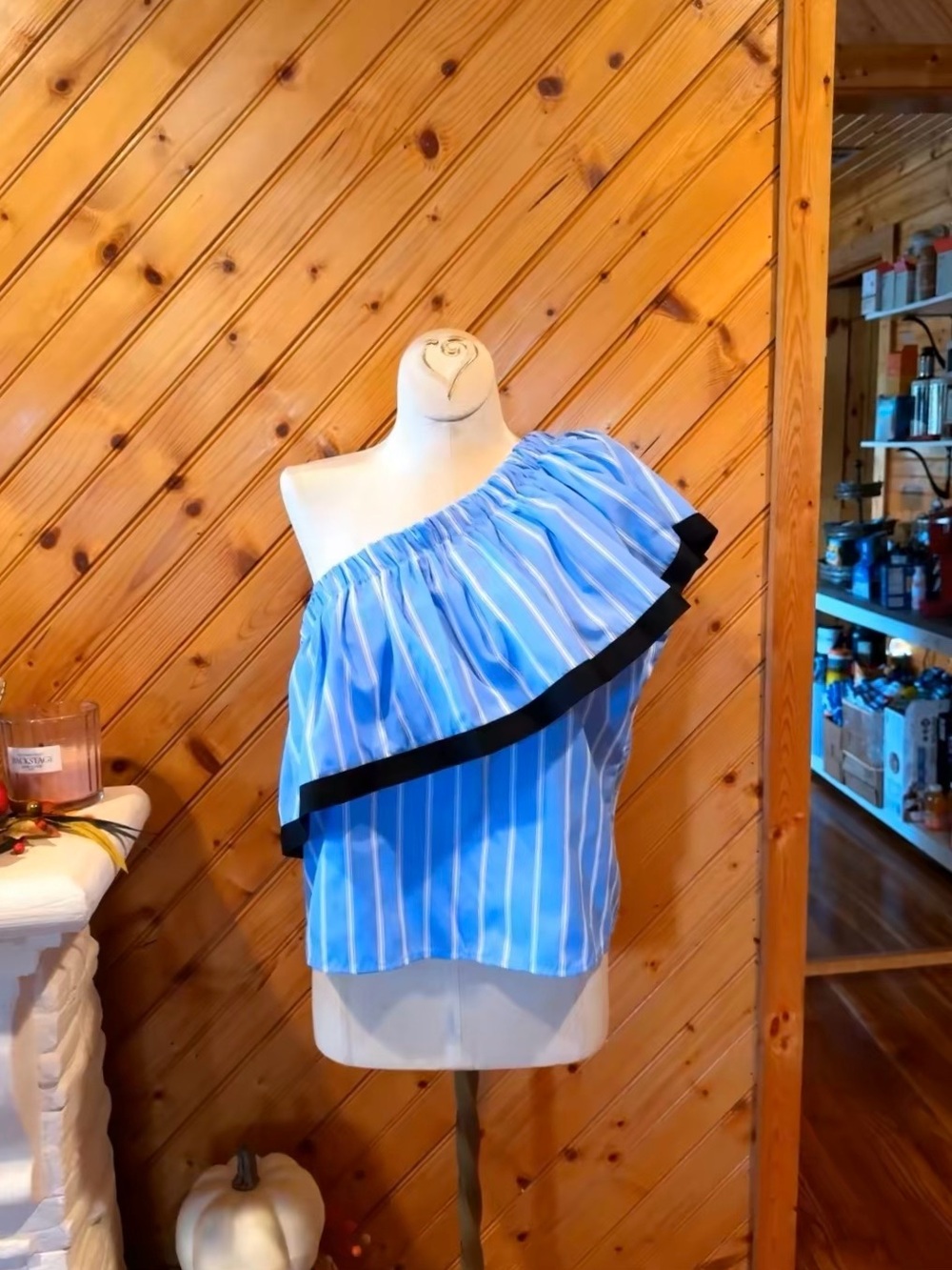 Milly Blue White Stripe One Shoulder Ruffle Top Black Trim Size Medium